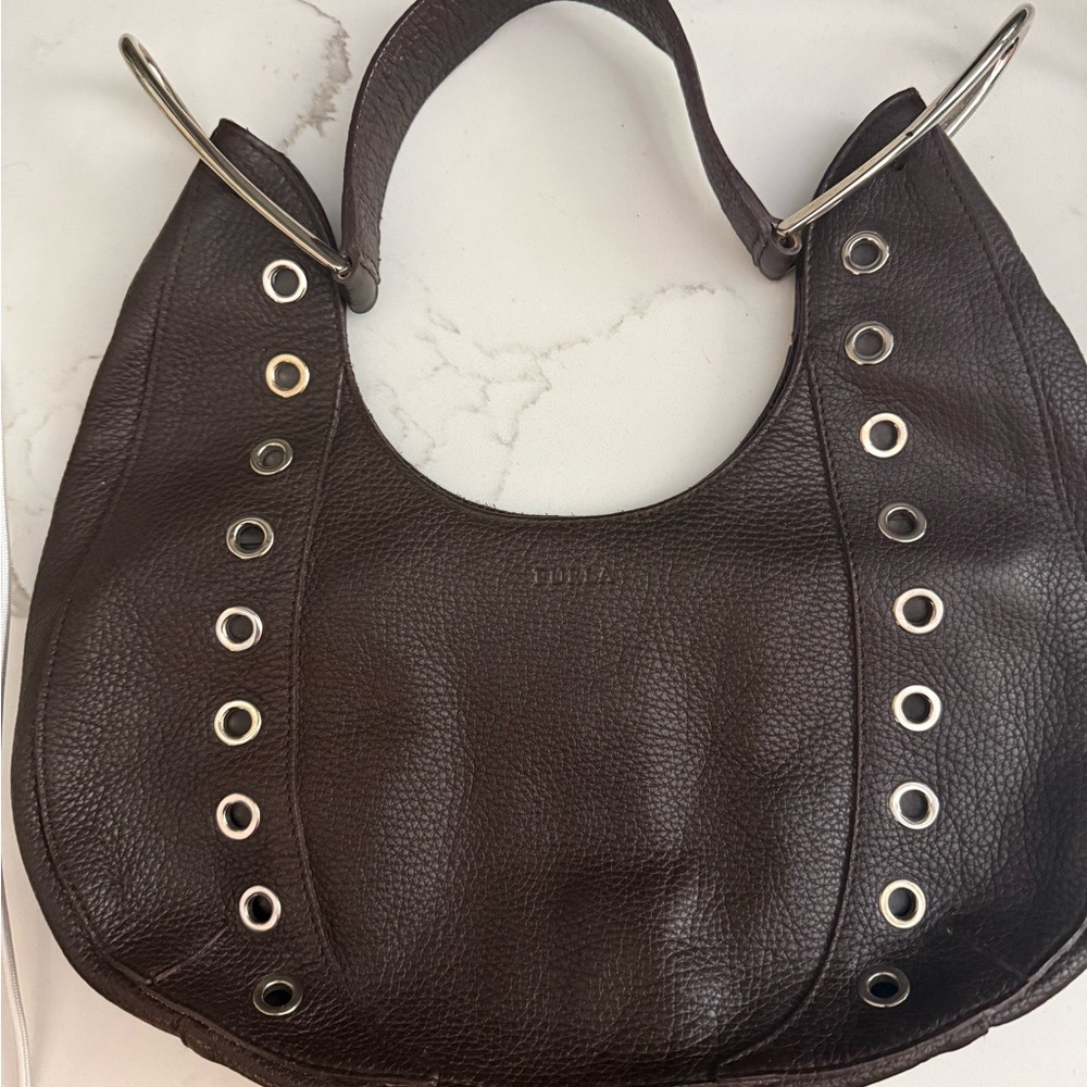 Furla Dark Brown Hobo Bag with Silver Accents